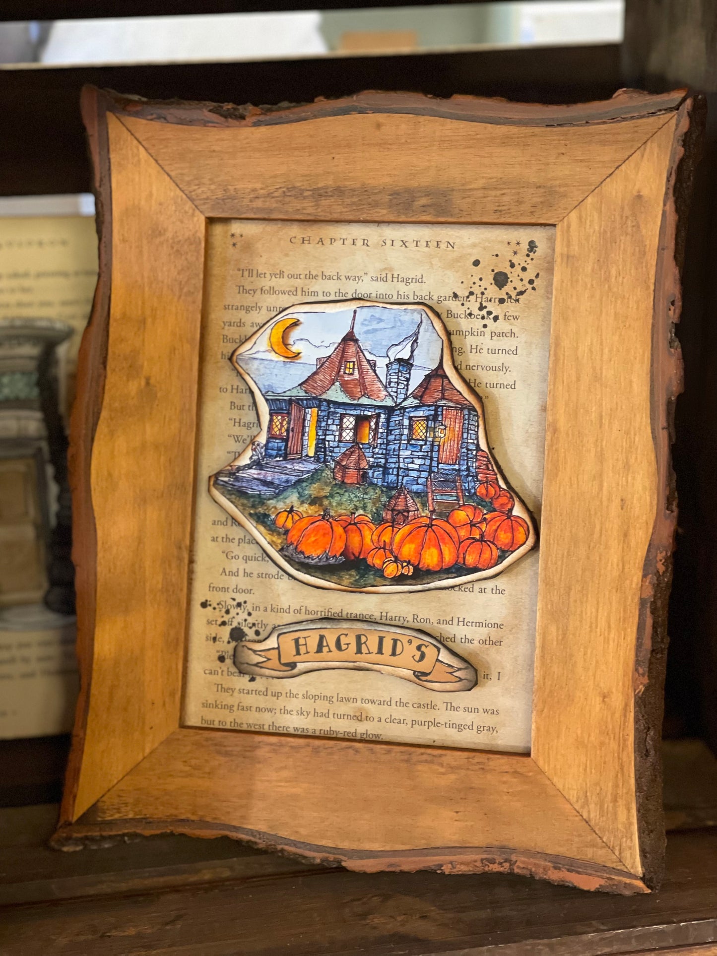 Wood Framed Hagrid's Hut Watercolor Book Page Art