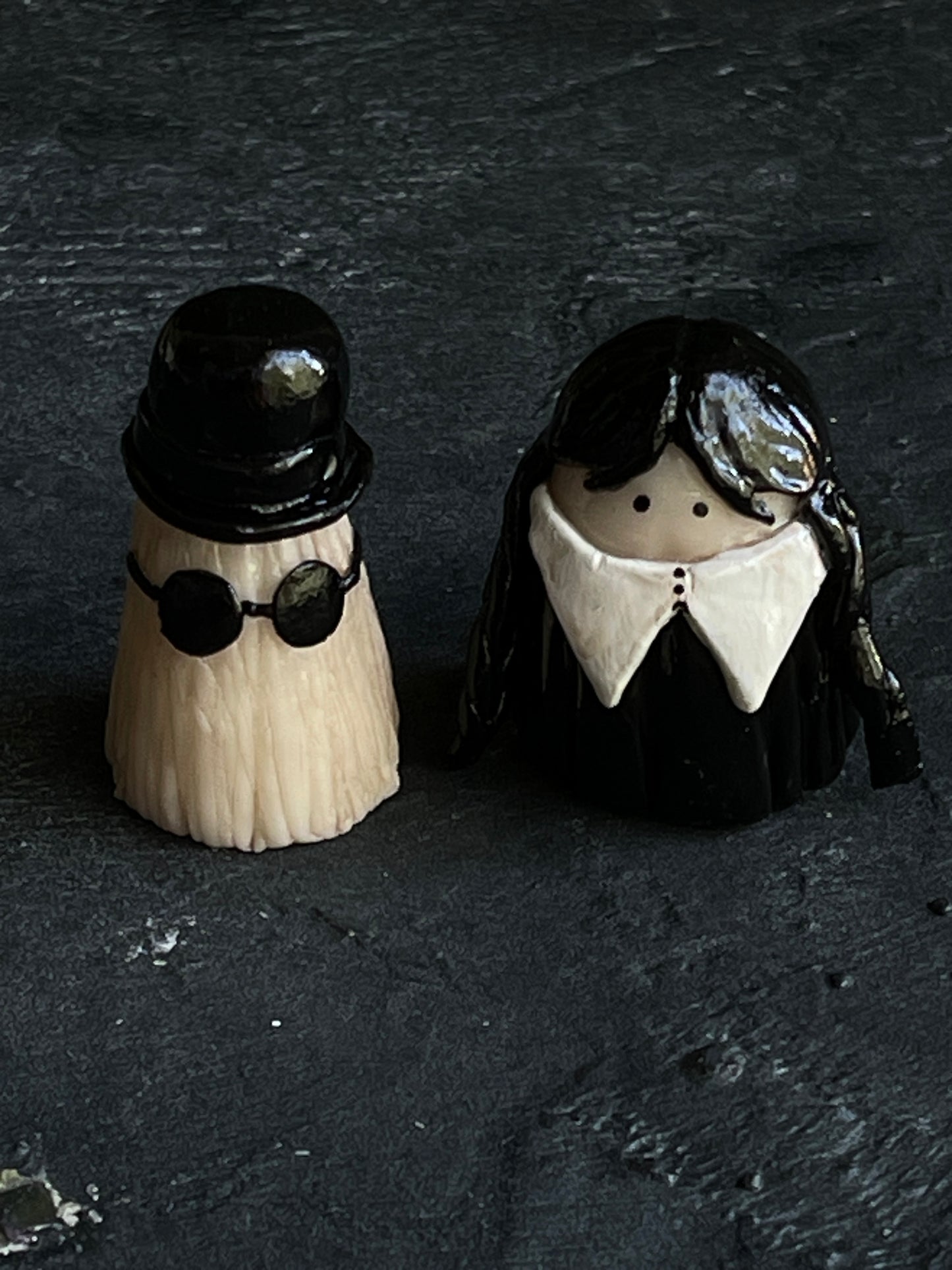 Cousin It and Wednesday Addams ghosties - 2" tall