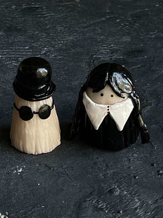 Cousin It and Wednesday Addams ghosties - 2" tall